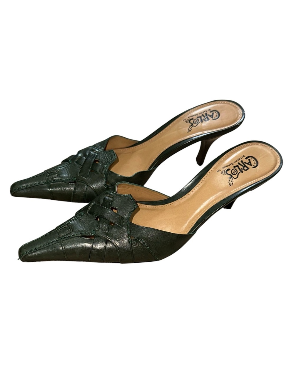 Carlos Carlos Santana Dark Green Woven Pointy Toe 3 “ Heel Mule Y2K Size 7.5 - Picture 5 of 9